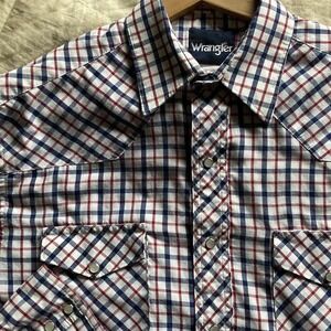 Vintage Wrangler Men's Large LS Shirt Pearl Snap Red White Blue Checker